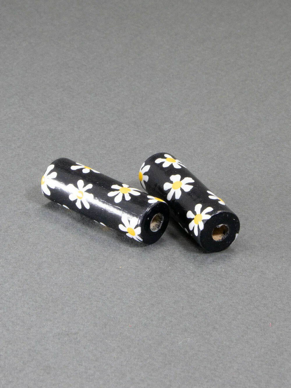 Black Daisy Wooden Bead in Cylinder Shape