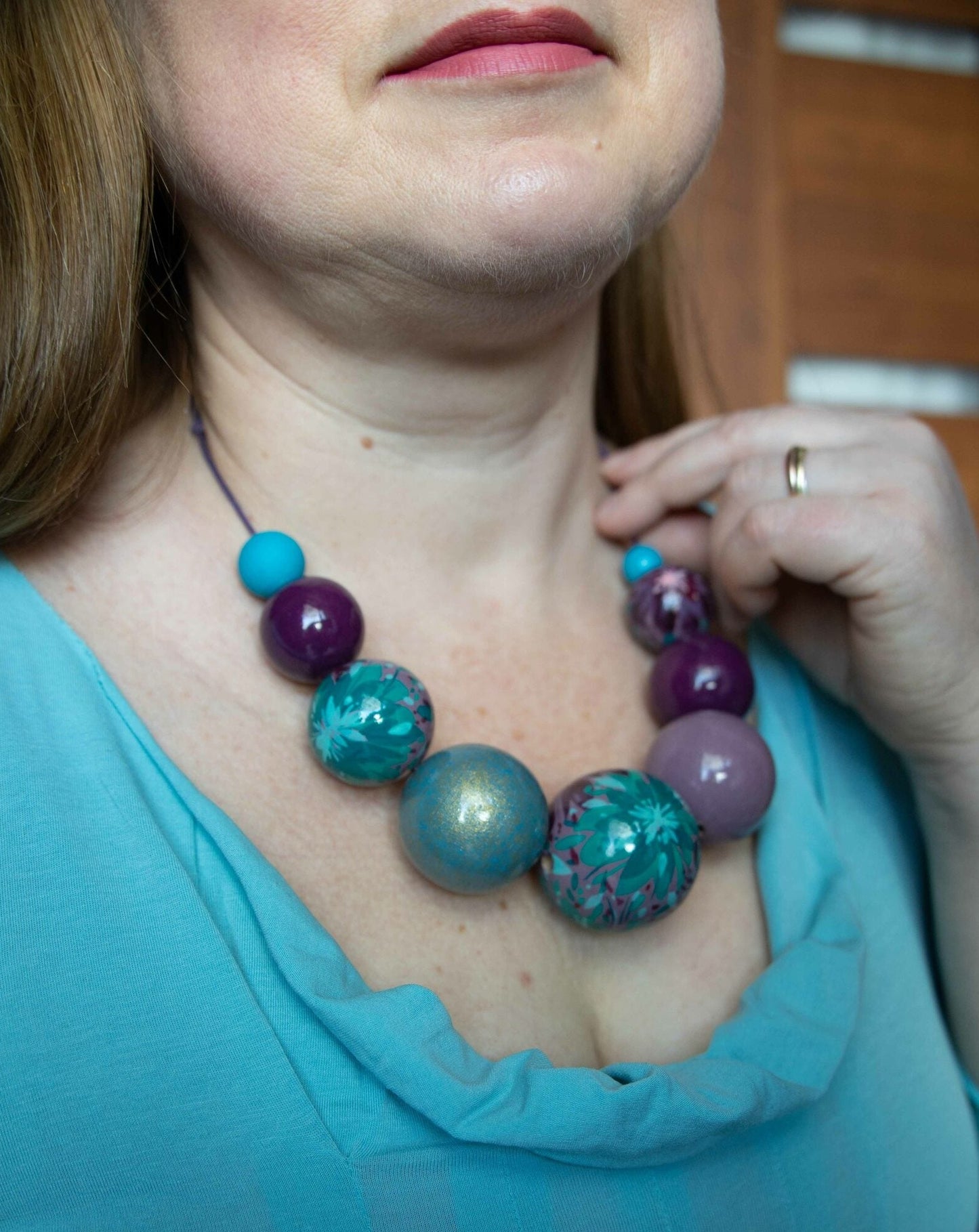 Violet Flowers Wooden Beads Necklace