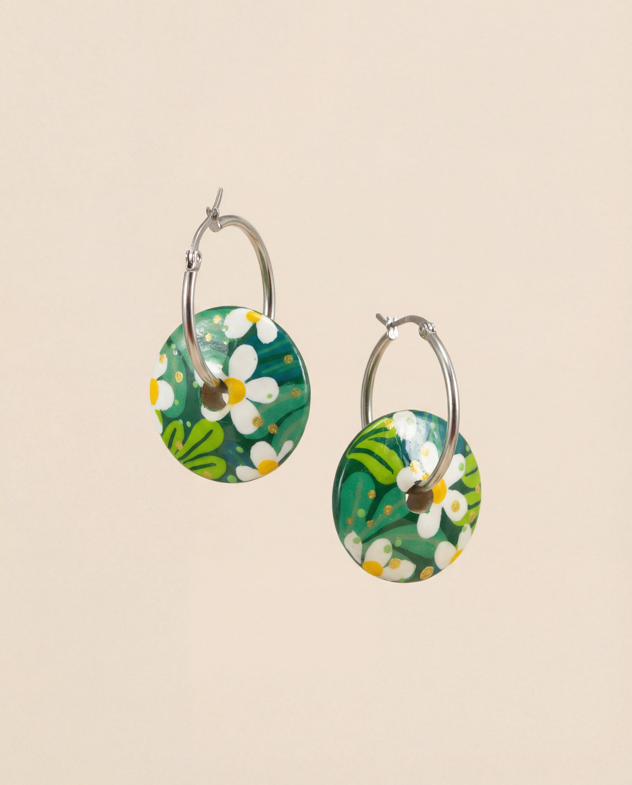 Green Daisy Wooden Earrings