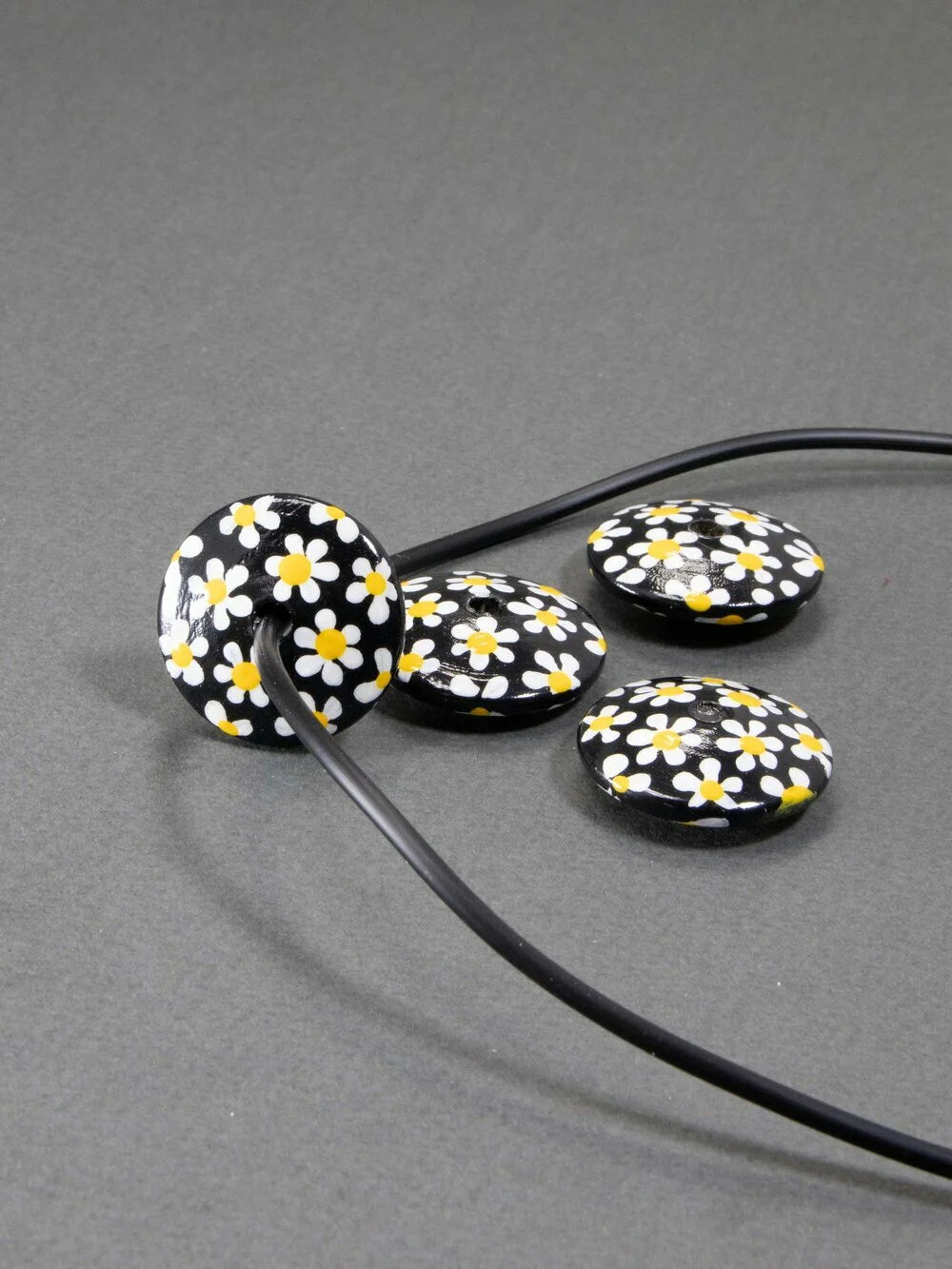 Black Daisy Wooden Bead in Flat Shape