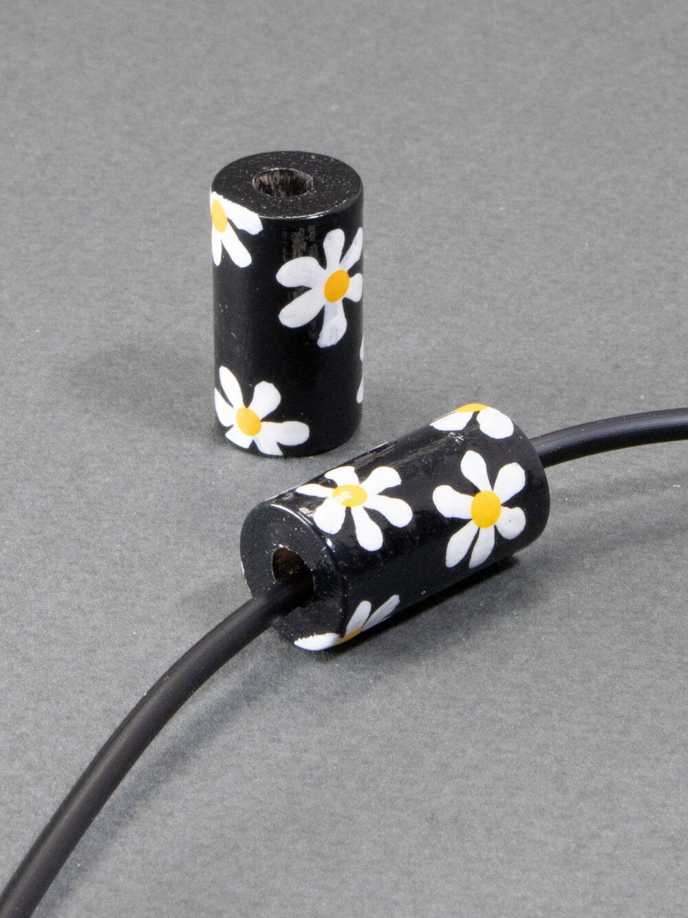 Black Daisy Cylinder Wooden Bead