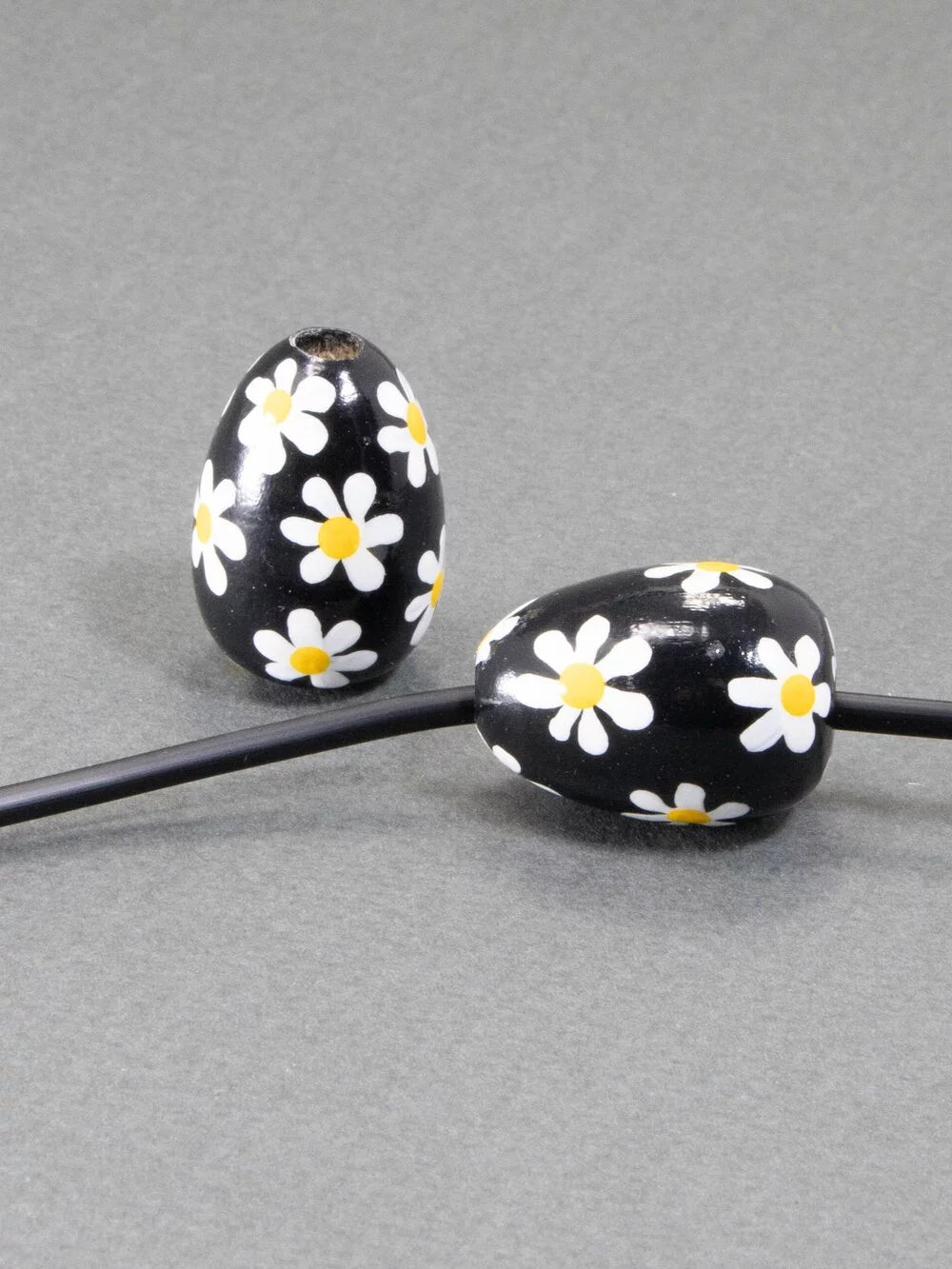 Black Daisy Wooden Bead in Drop Shape