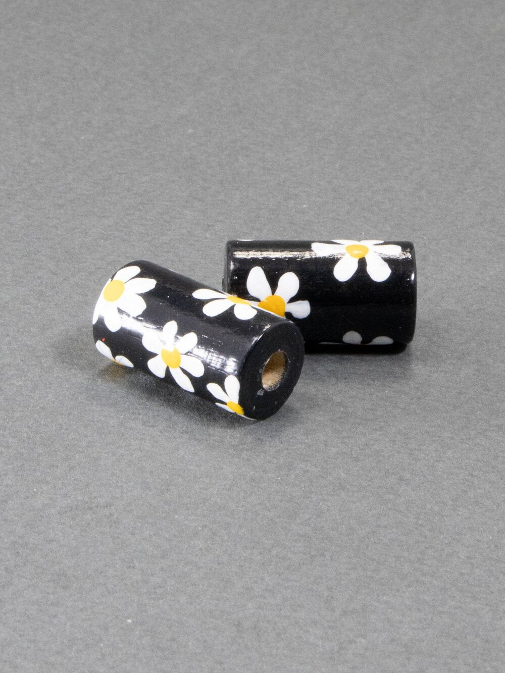 Black Daisy Cylinder Wooden Bead