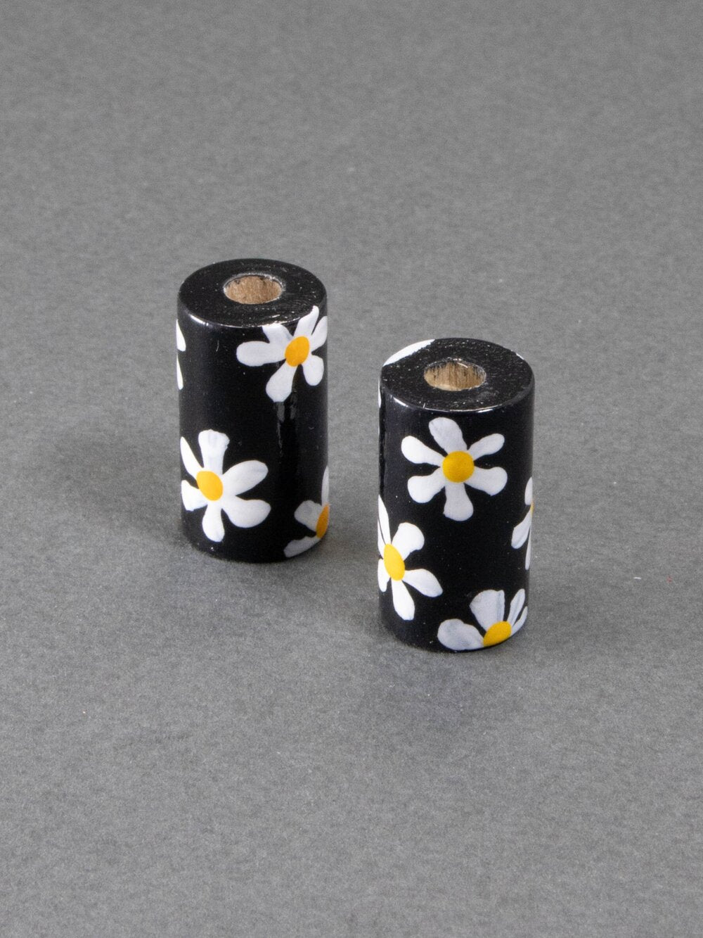 Black Daisy Cylinder Wooden Bead