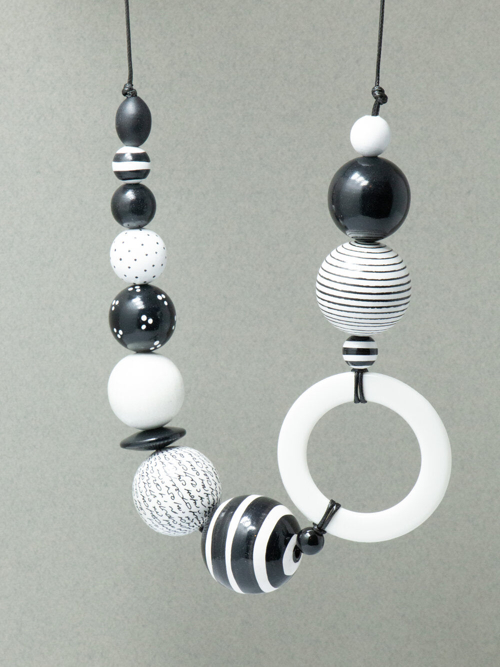 Black and White Striped Wooden Bead Necklace