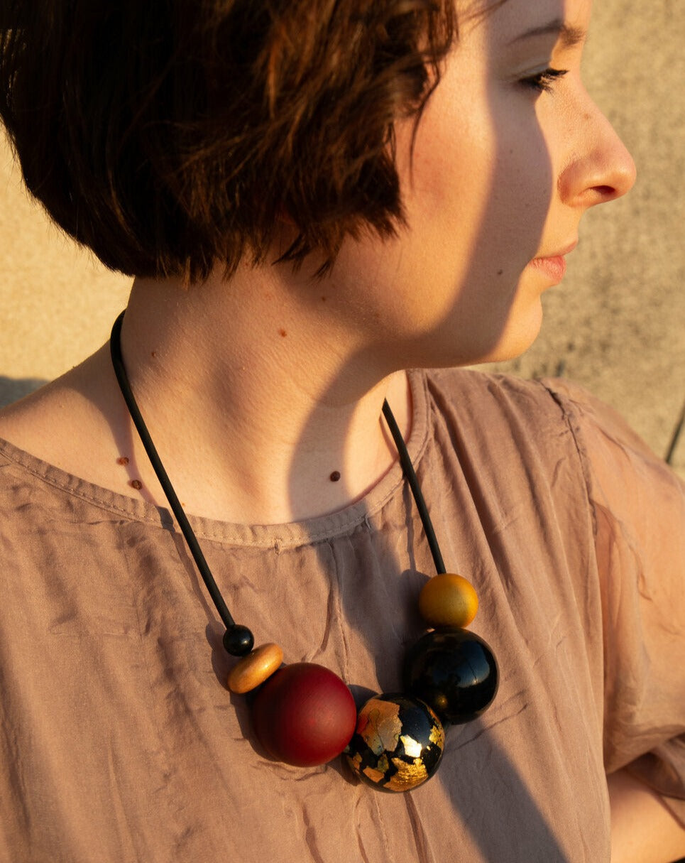 Dark Cosmic Wooden Bead Necklace