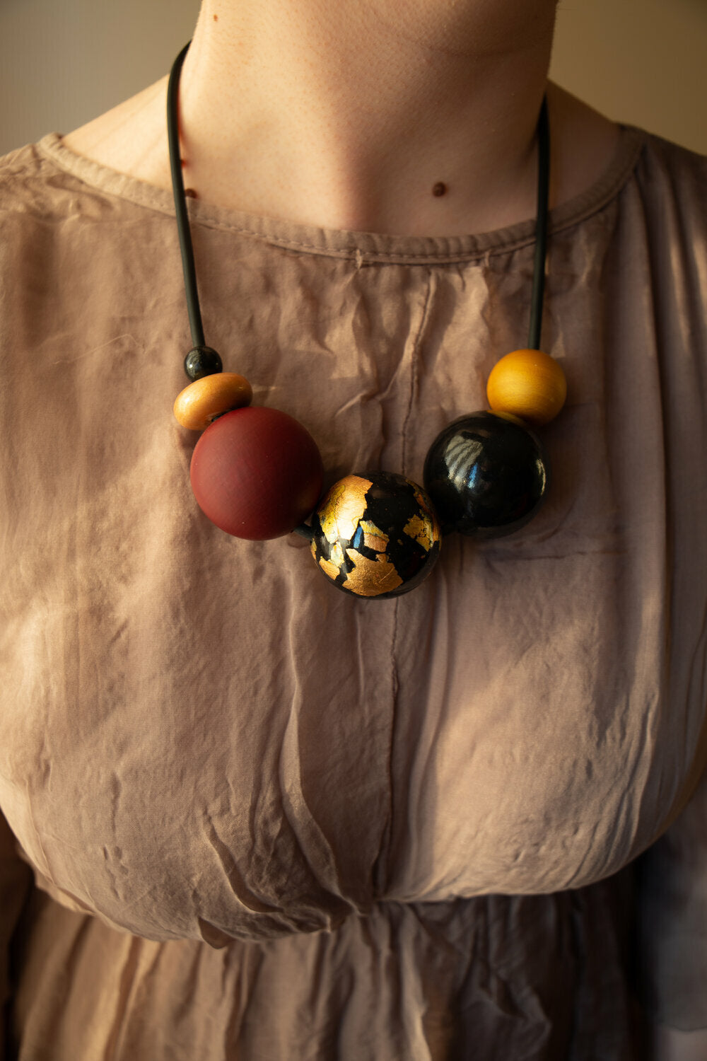 Dark Cosmic Wooden Bead Necklace