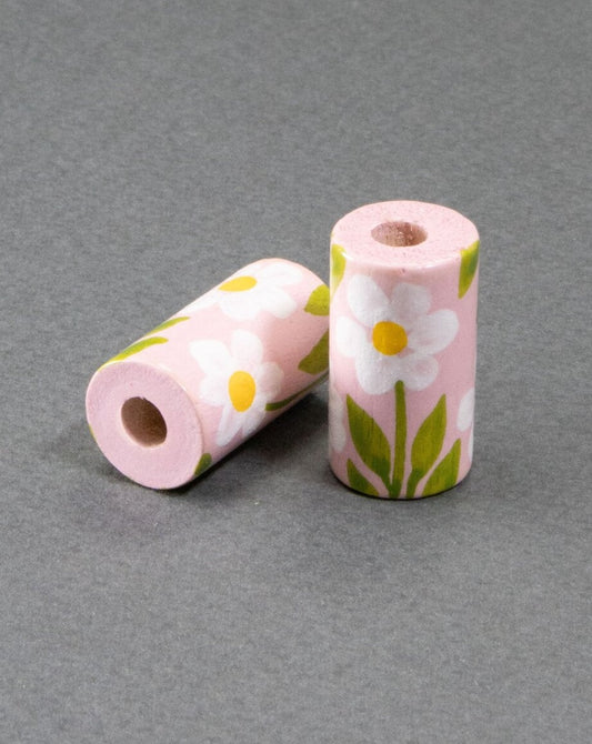 Pink Daisy Cylinder Wooden Bead