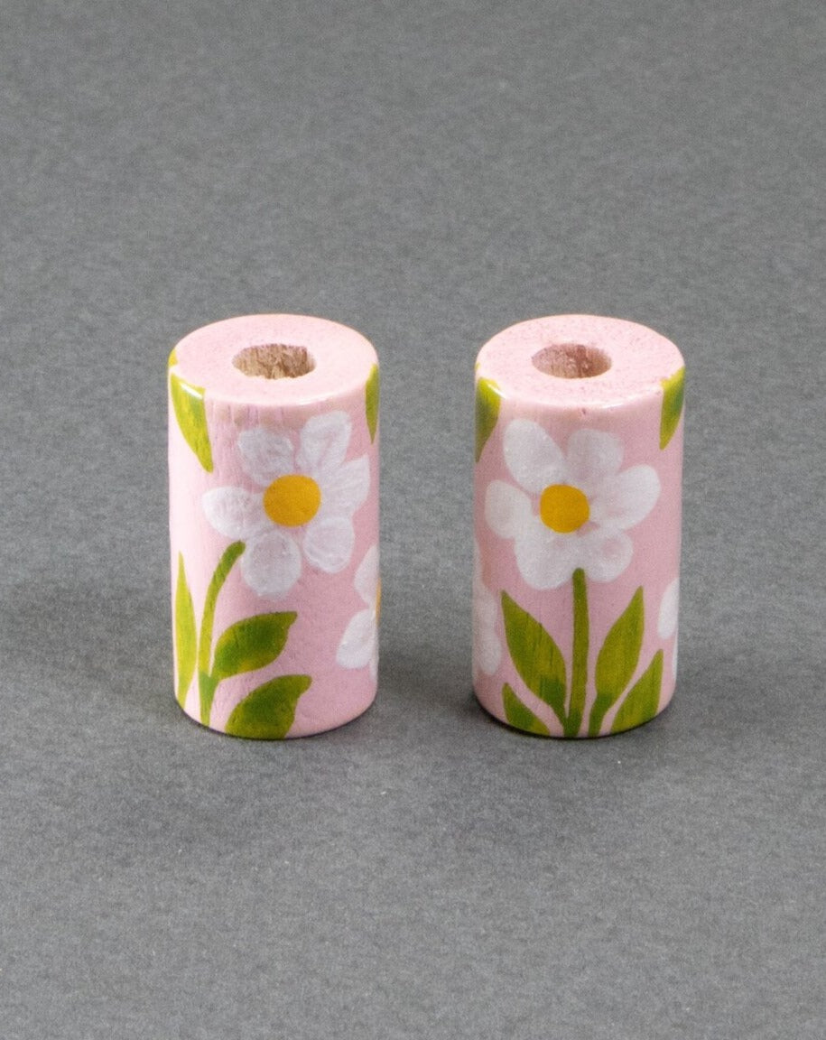 Pink Daisy Cylinder Wooden Bead