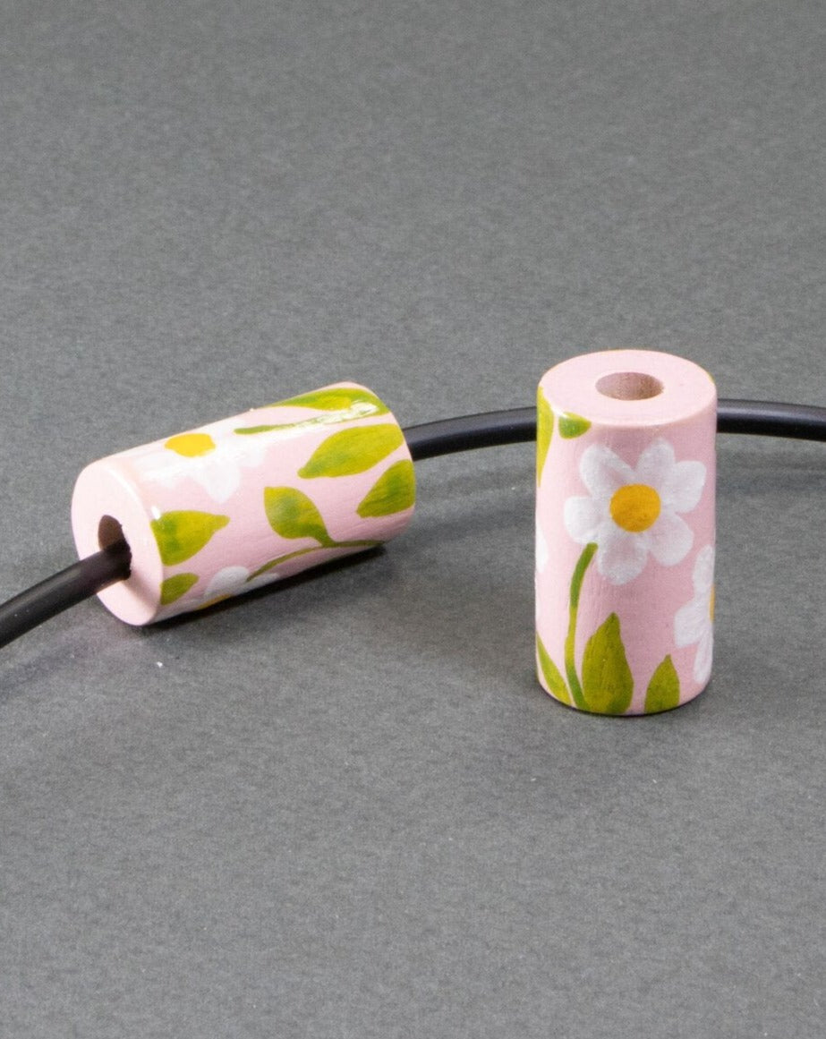 Pink Daisy Cylinder Wooden Bead