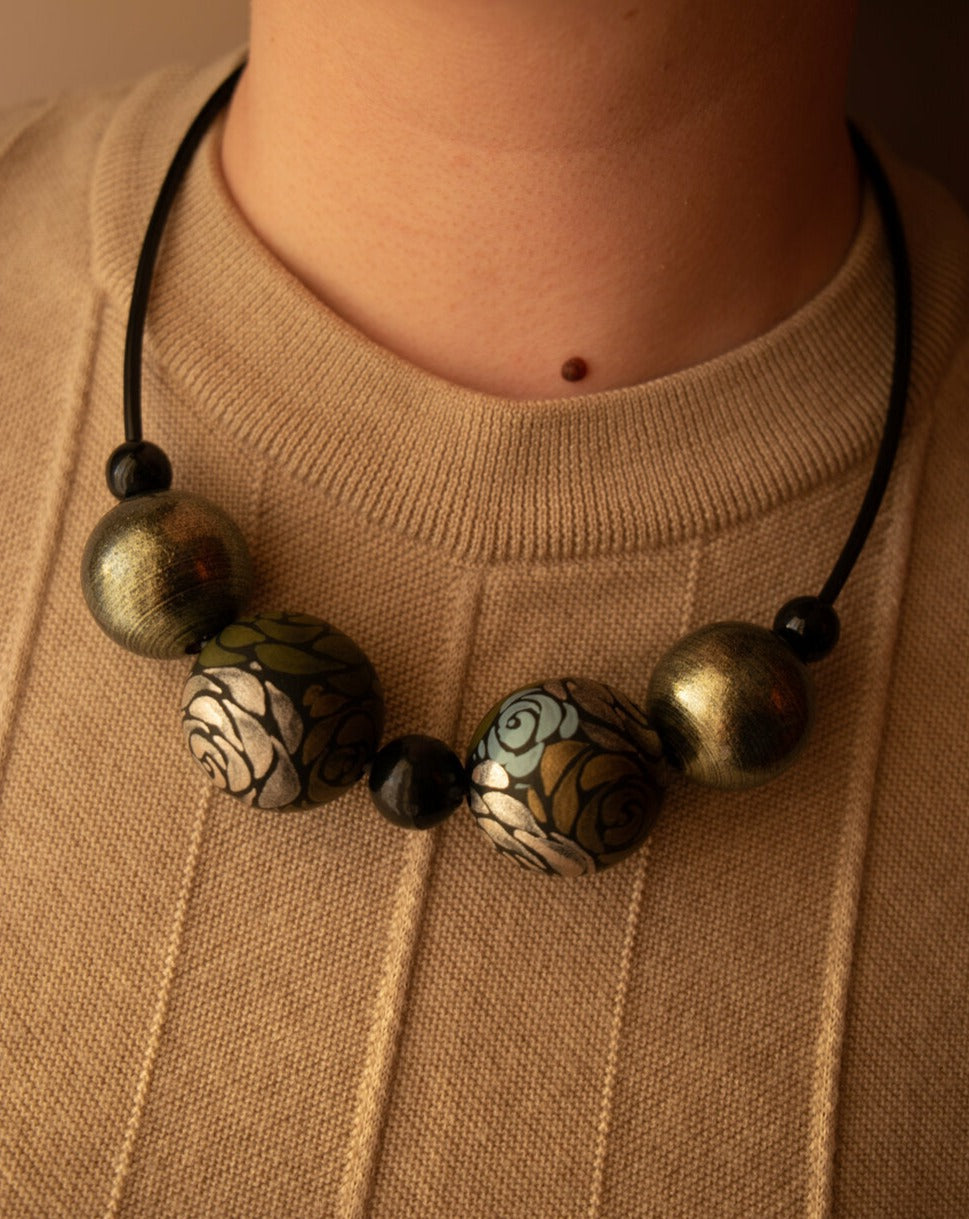 Silver Roses Wooden Bead Necklace