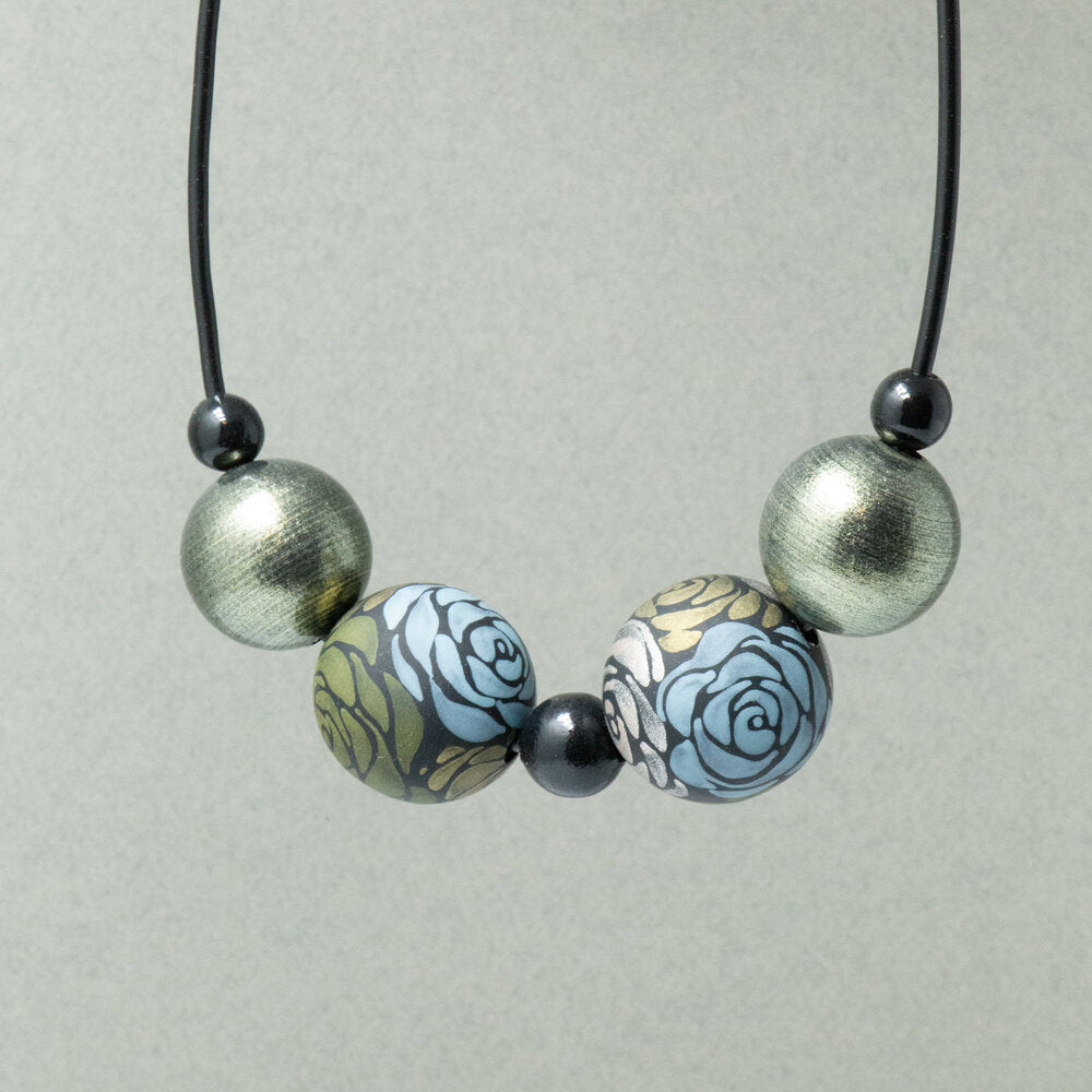 Silver Roses Wooden Bead Necklace