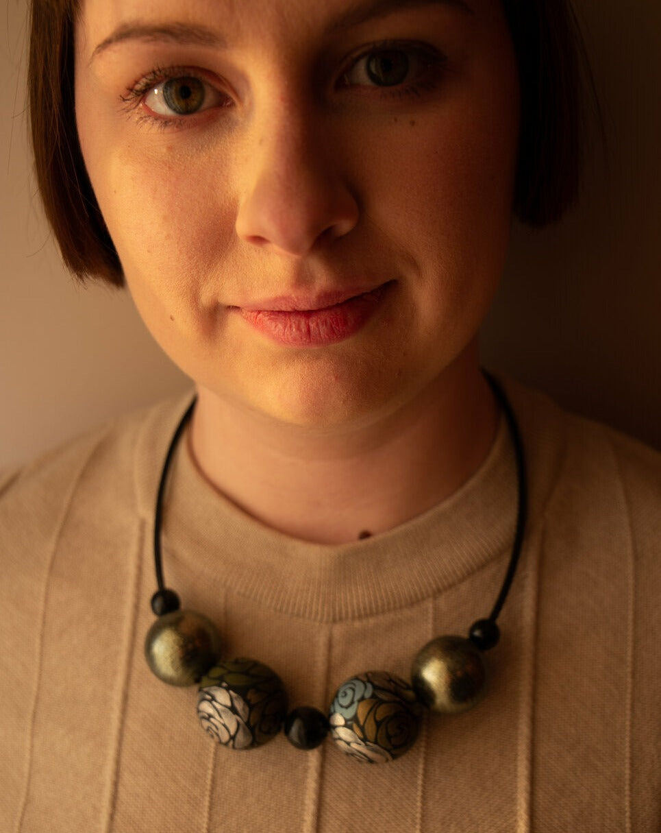 Silver Roses Wooden Bead Necklace