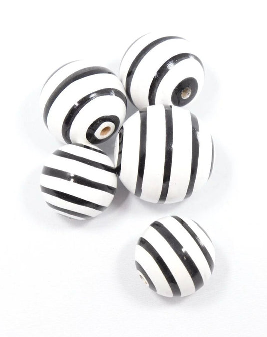 White and Black Striped Wooden Bead