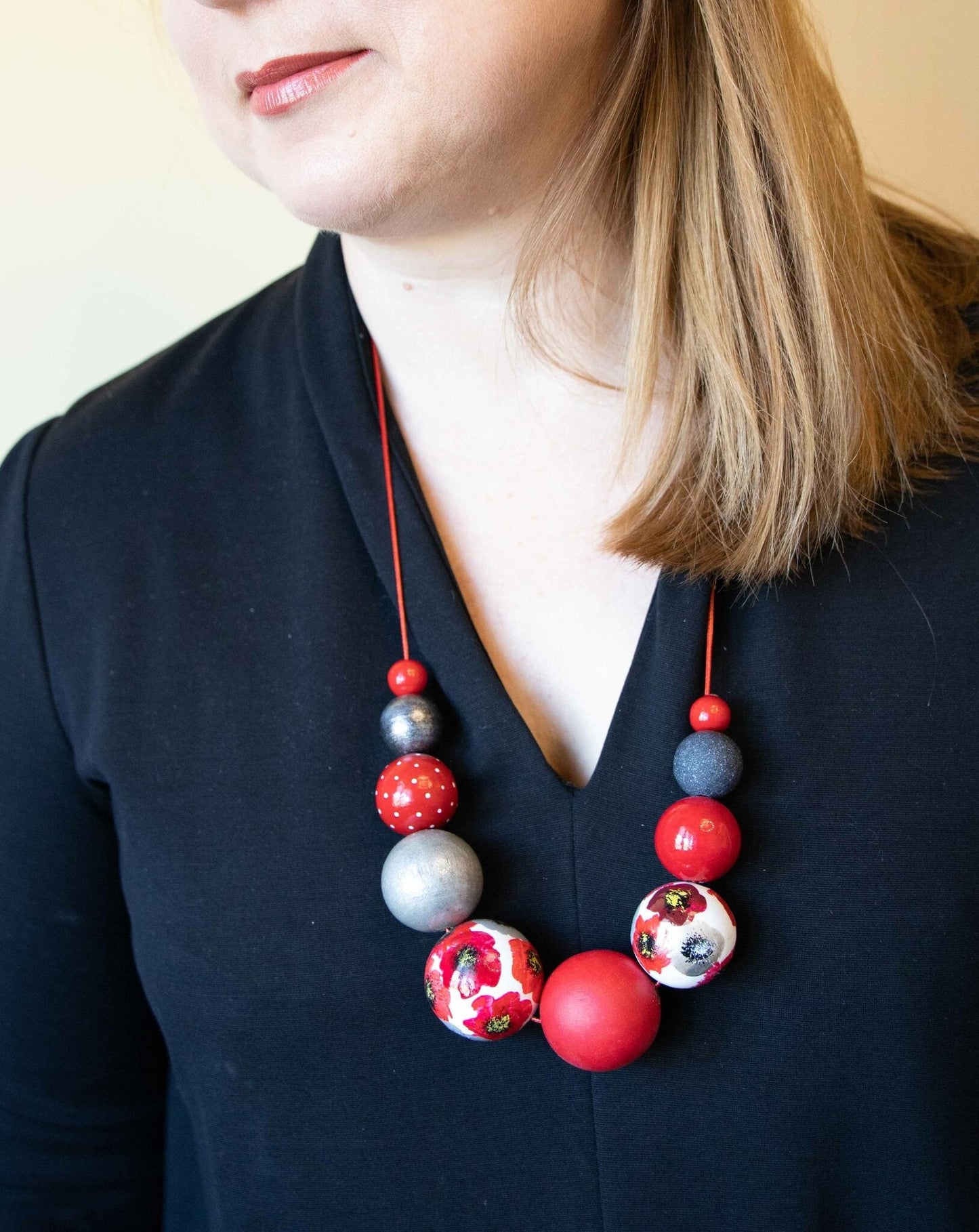 Red Poppyseed Wooden Beads Necklace