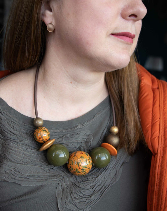 Orange Autumn Wooden Bead Necklace