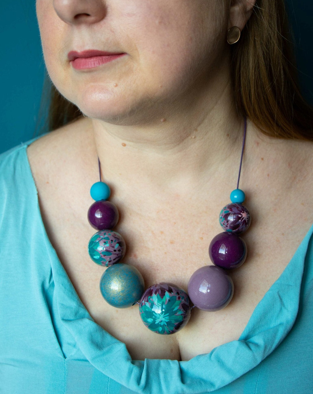 Violet Flowers Wooden Beads Necklace