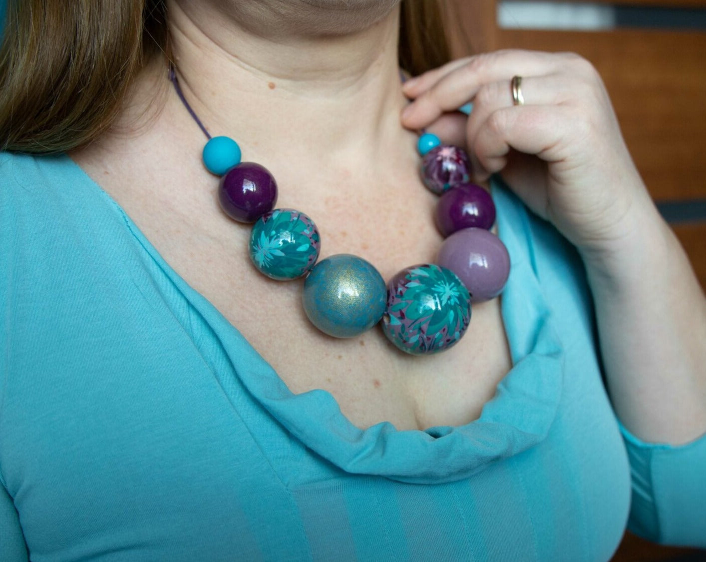 Violet Flowers Wooden Beads Necklace