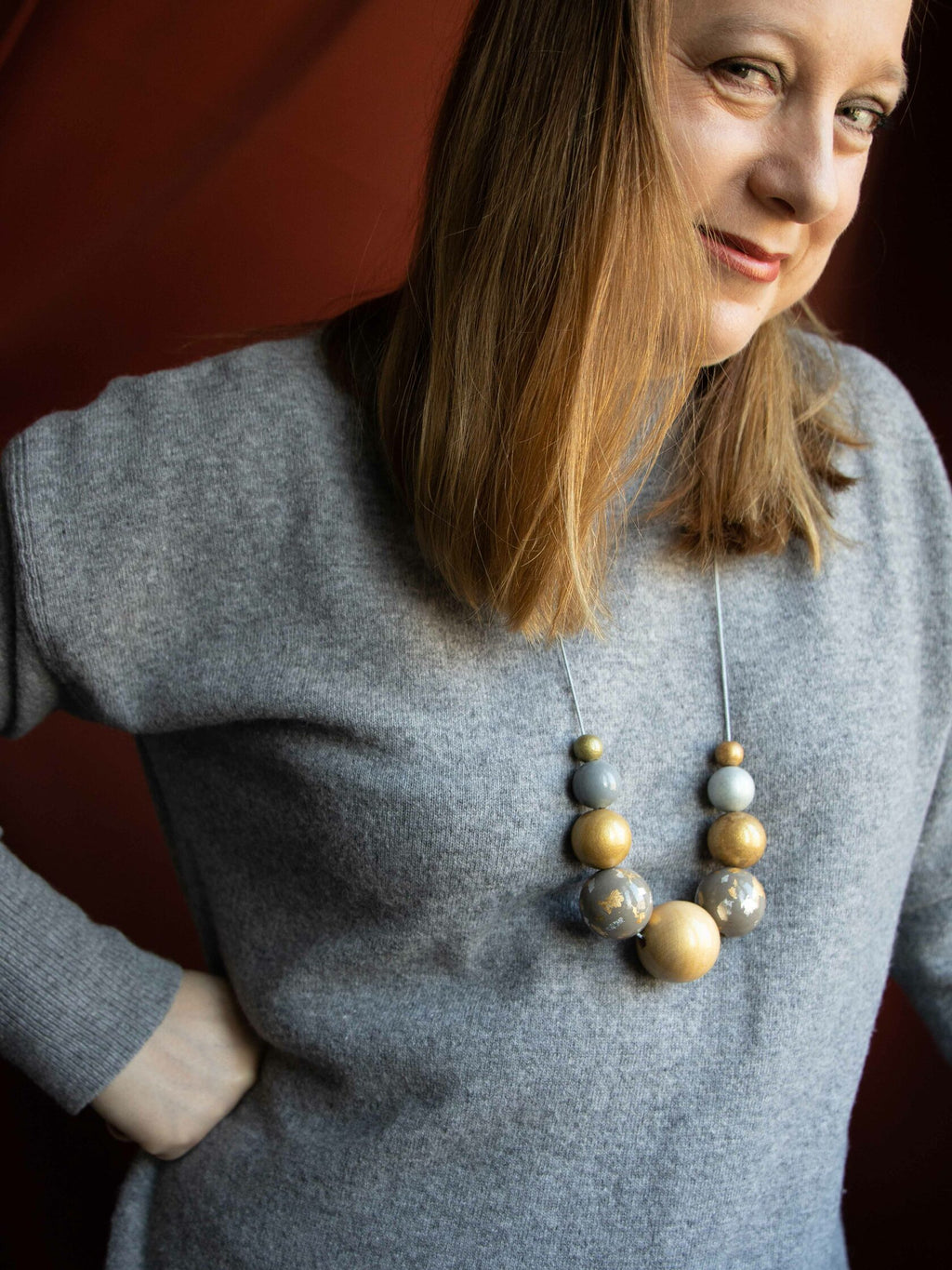 Gold Flakes Wooden Beads Necklace