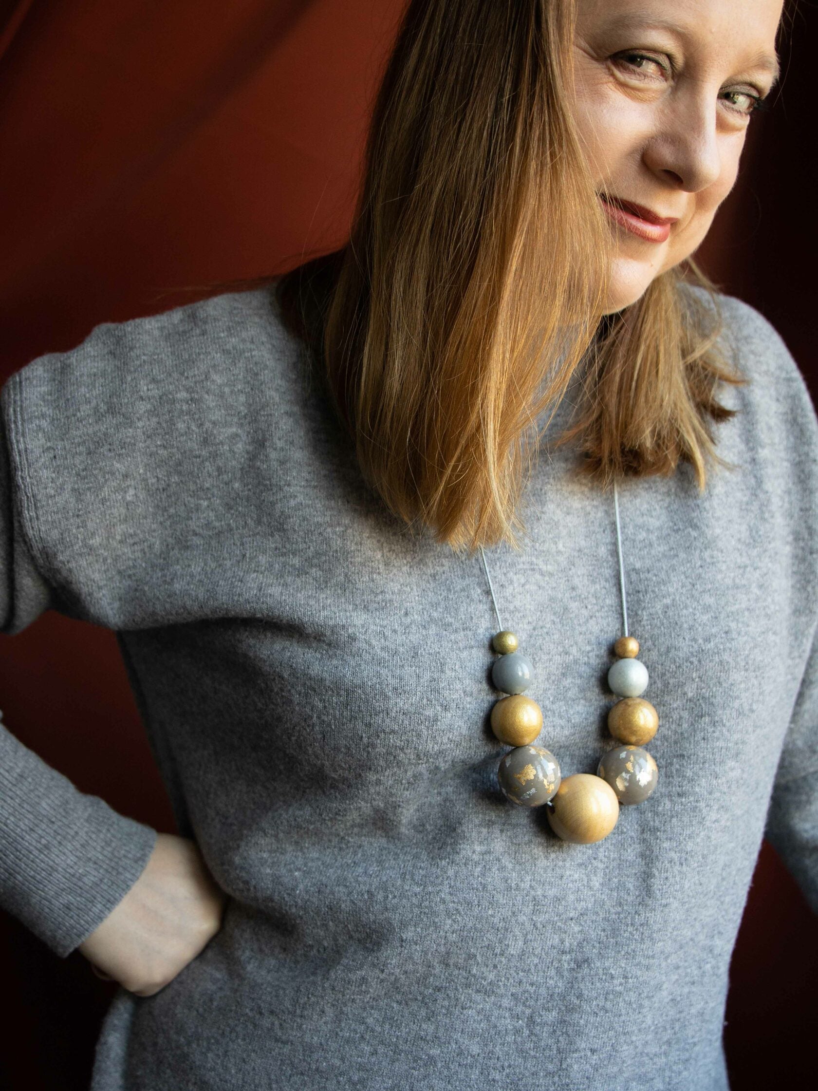 Gold Flakes Wooden Beads Necklace