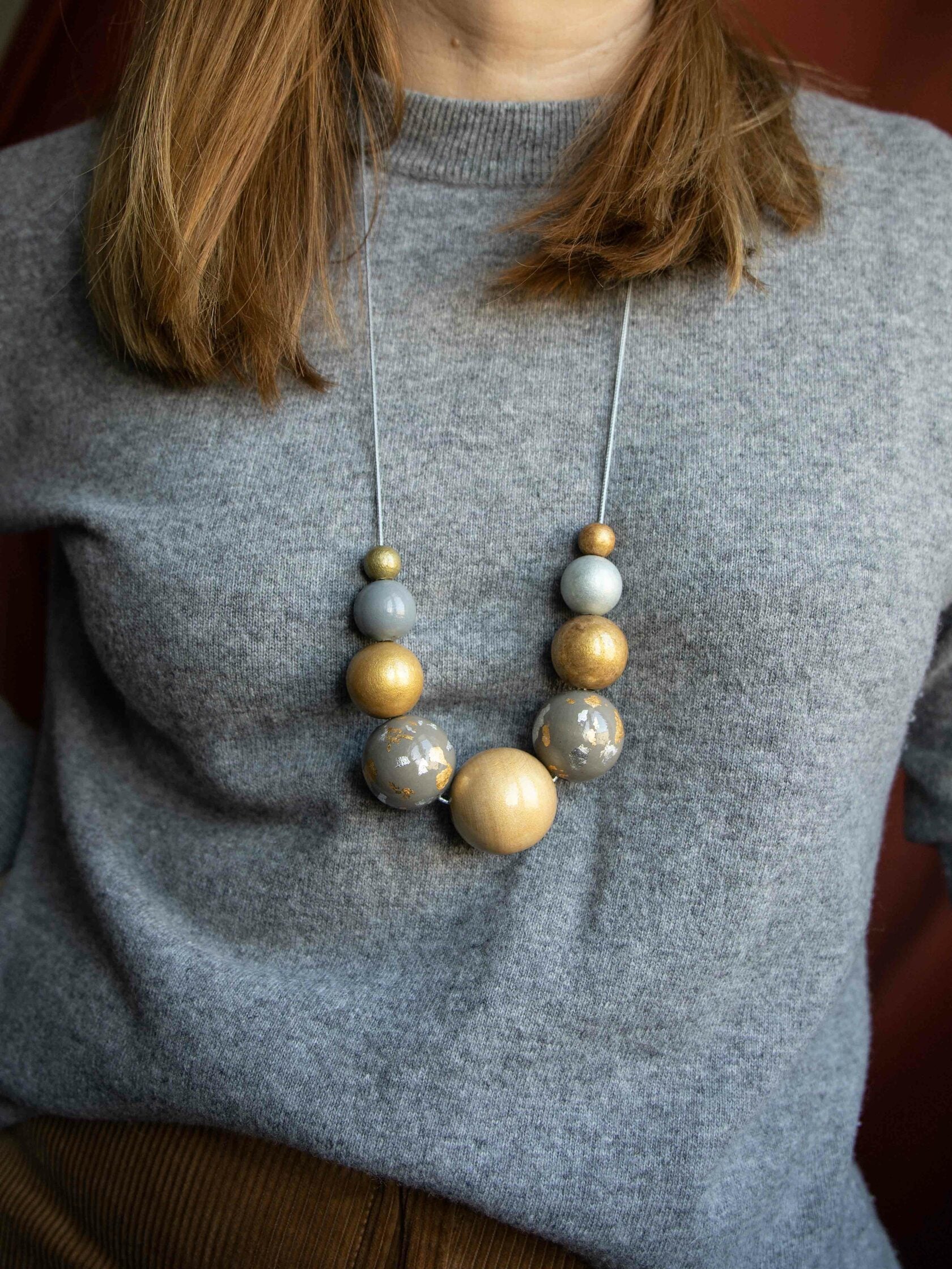 Gold Flakes Wooden Beads Necklace